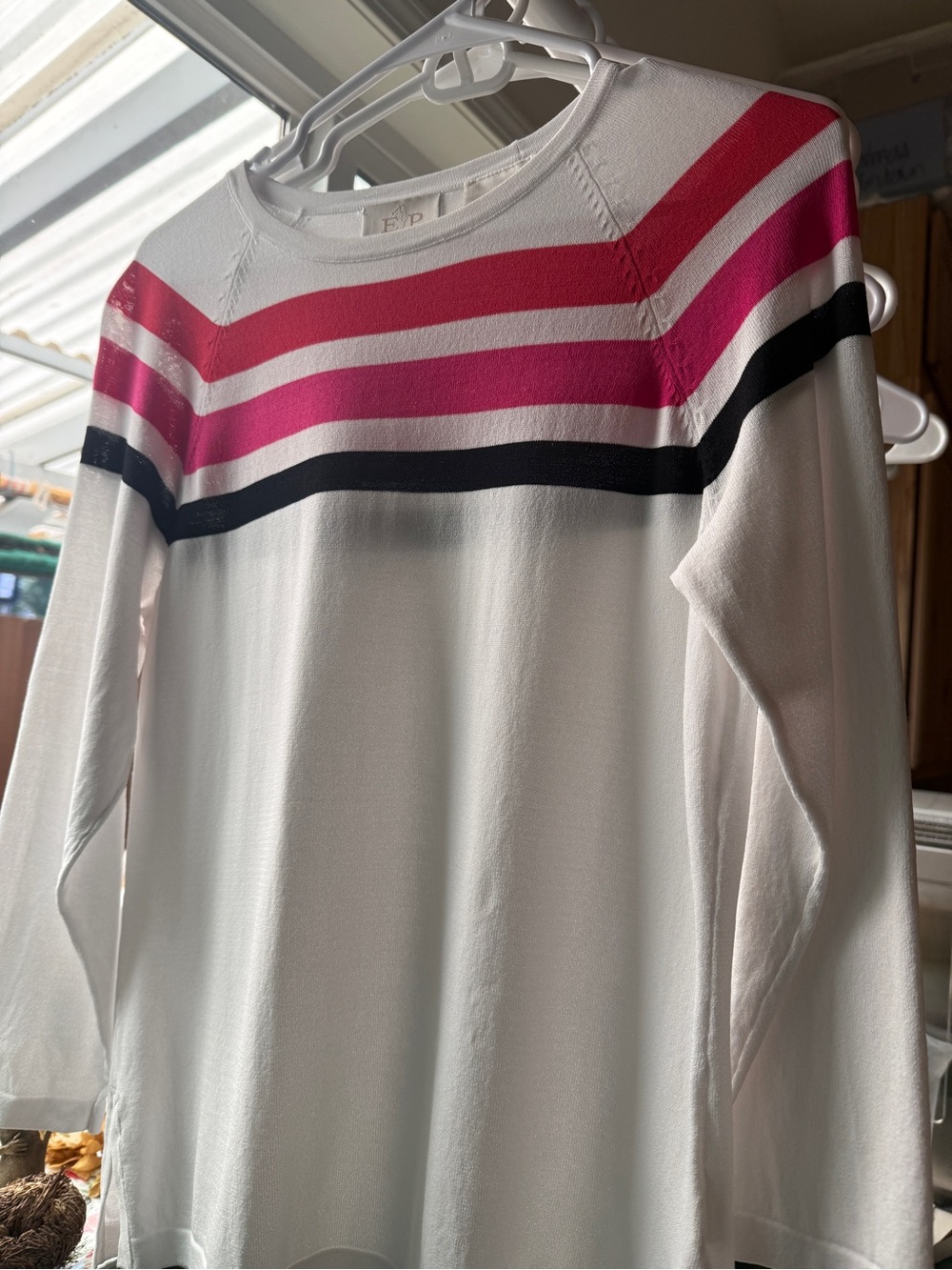 EP Pro White Crewneck Sweater with Pink, Red & Black Stripes